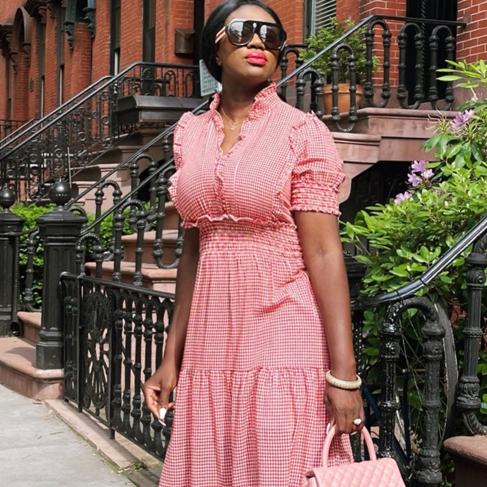 Max Studio Gingham High Neck Tiered Maxi Dress
